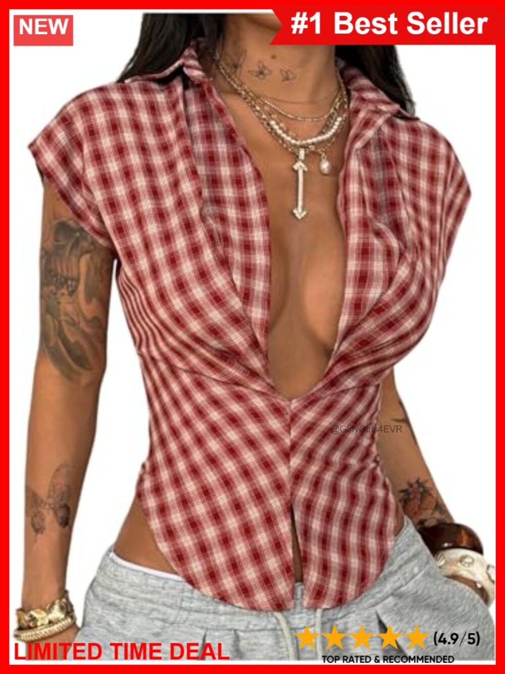 Milumia Women's Plunge V Neck Plaid Shirt Y2k Collared Blouse